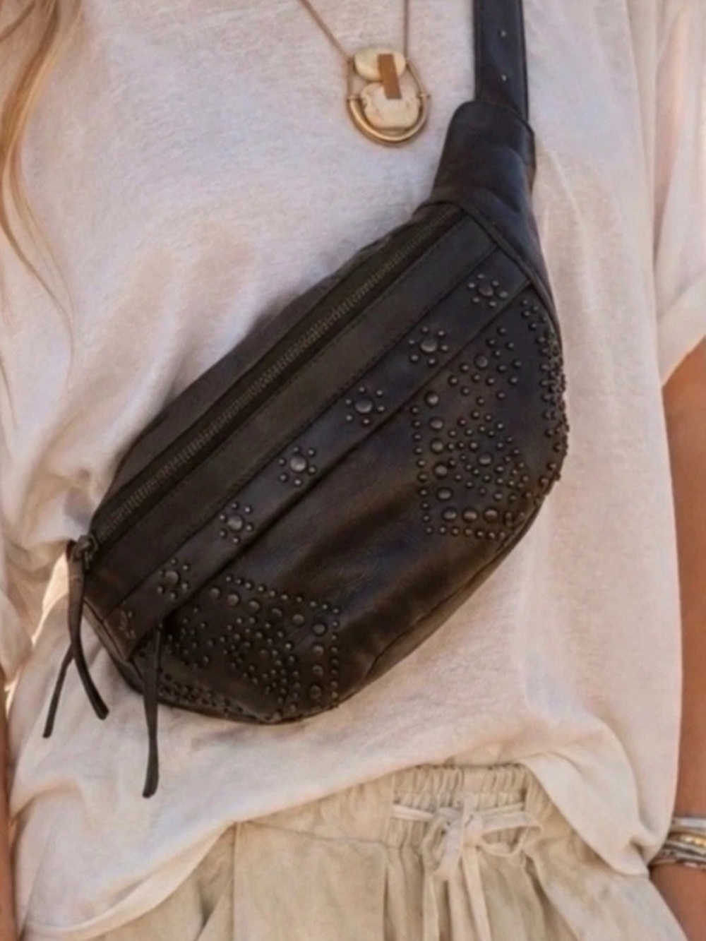 Free People Ana Adorned Leather Sling Bag with  Black Studded Detail